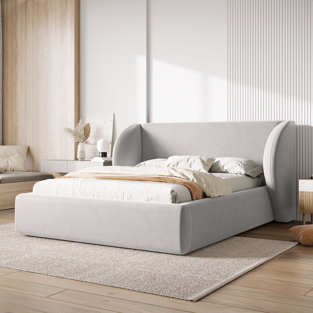 Micadoni Lit Coffre en Velours avec Tête de Lit Miley argenté - 230x227x100 cm