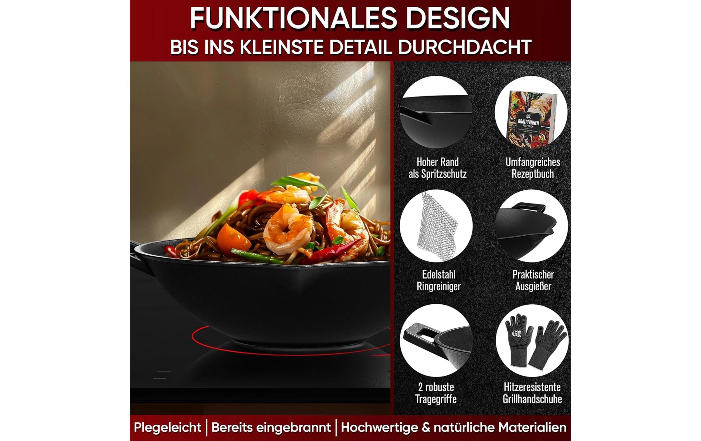 Wok »Gusskoenig Gusseisen-Wok mit Ringreiniger und Handschuhen« Gusseisen