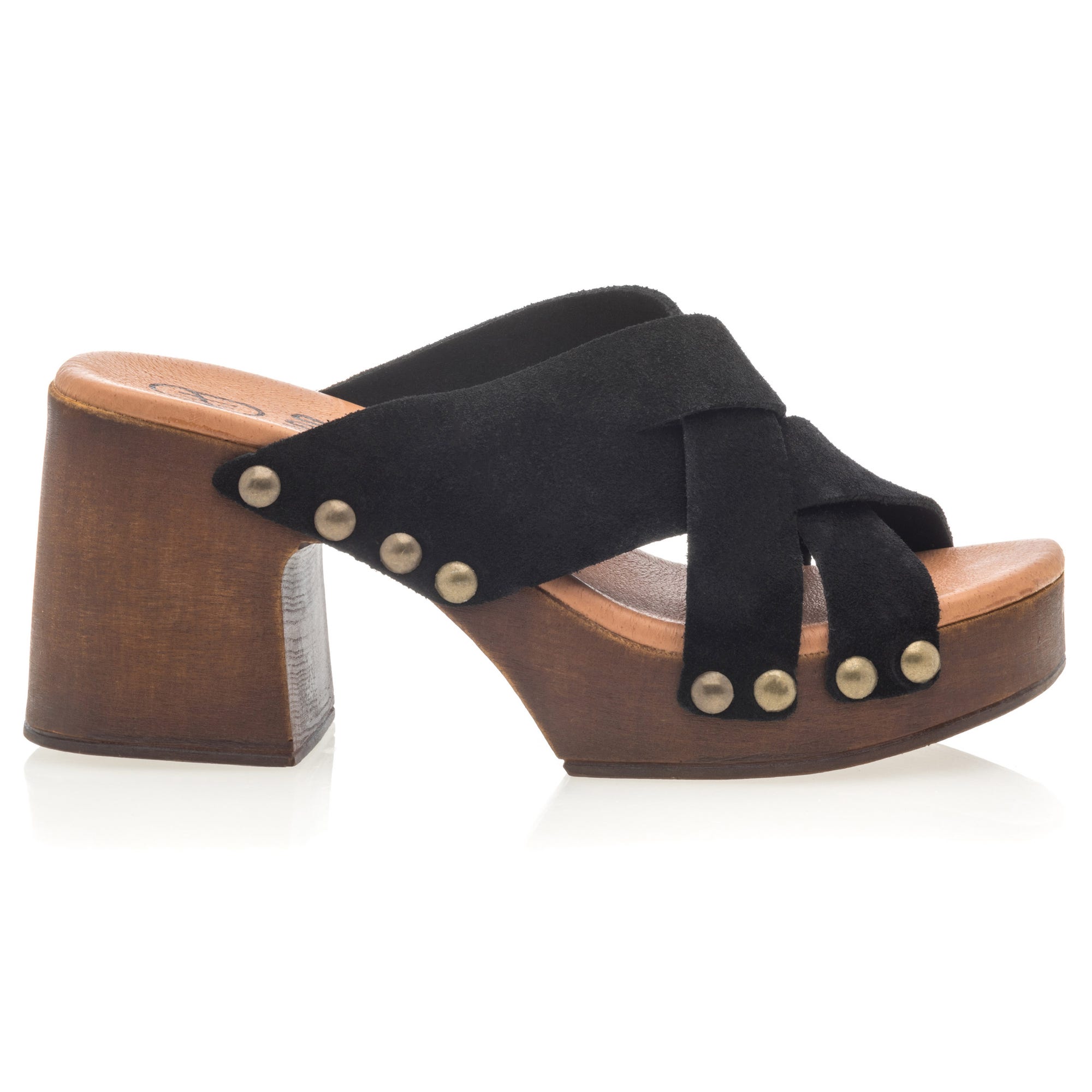 Chaussures semelle bois à talon Femme en cuir noir