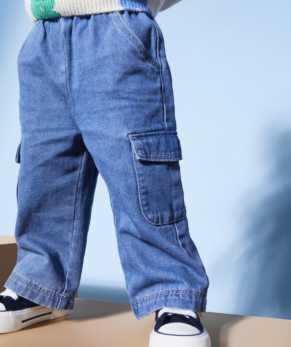 pantalon cargo wide leg bébé fille en denim low impact bleu