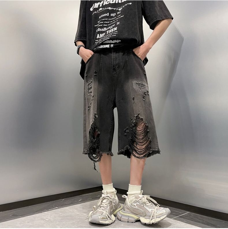 Savenne - Mid Rise Washed Distressed Denim Shorts