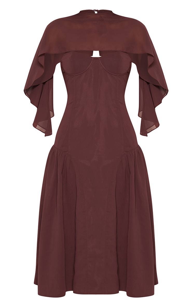 Chocolat Robe Mi-longue Patineuse Bustier À Détail Cape En Mousseline