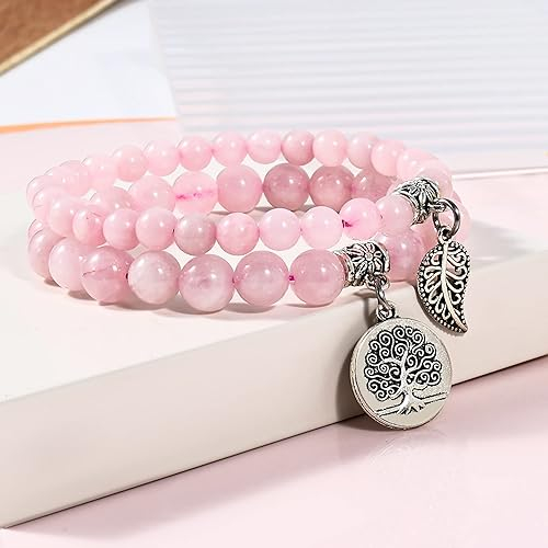 (2er Set) 225-240mm Naturstein Armband Edelstein Armkettchen mit Anhänger - Rosenquarz