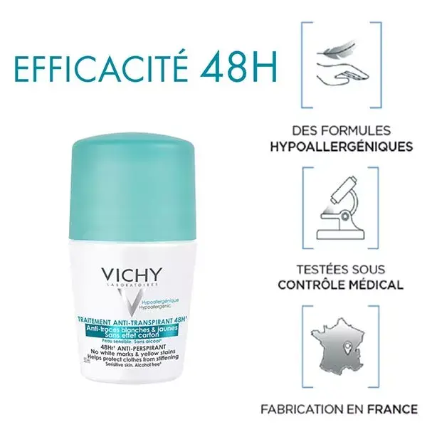 Desodorante antitranspirante Vichy, antimanchas brancas e amarelas, roll-on 48h, pacote com 2 unidades de 50ml
