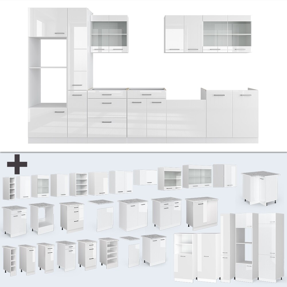 Vicco Küchenzeile Küchenblock Einbauküche R-Line 350 cm Weiß Hochglanz Küche