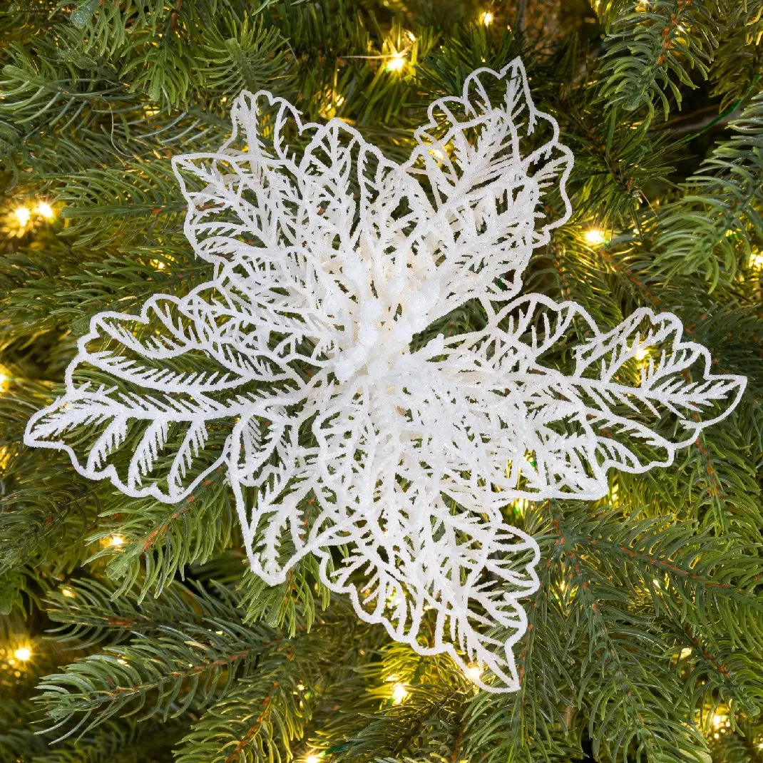 Poinsettia de Noël paillettes sur clip (D23 cm) Blanc
