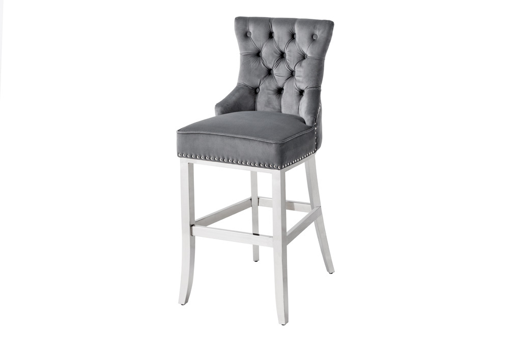 Design Barhocker CASTLE DELUXE grau Samt silber Edelstahl mit Lehne Chesterfield