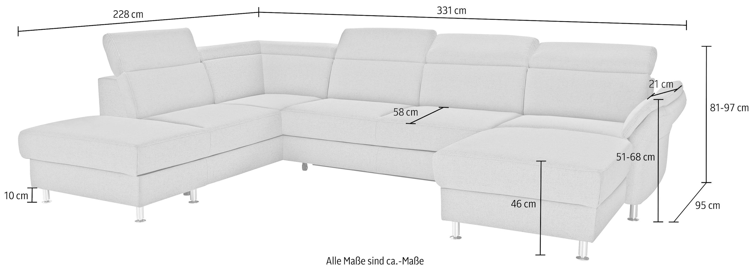 sit&more Wohnlandschaft »Avignon U-Form« wahlweise mit Bettfunktion und Stauraum, inklusive Kopfteilverstellung