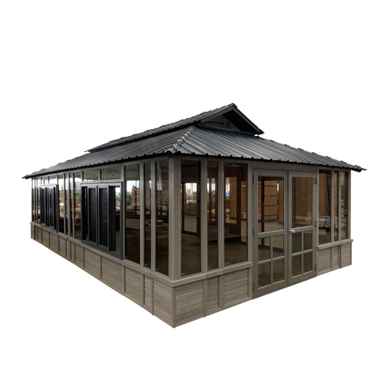 Gazebo de madeira maciça para pátio, 8,5 m de largura x 4,7 m de profundidade.