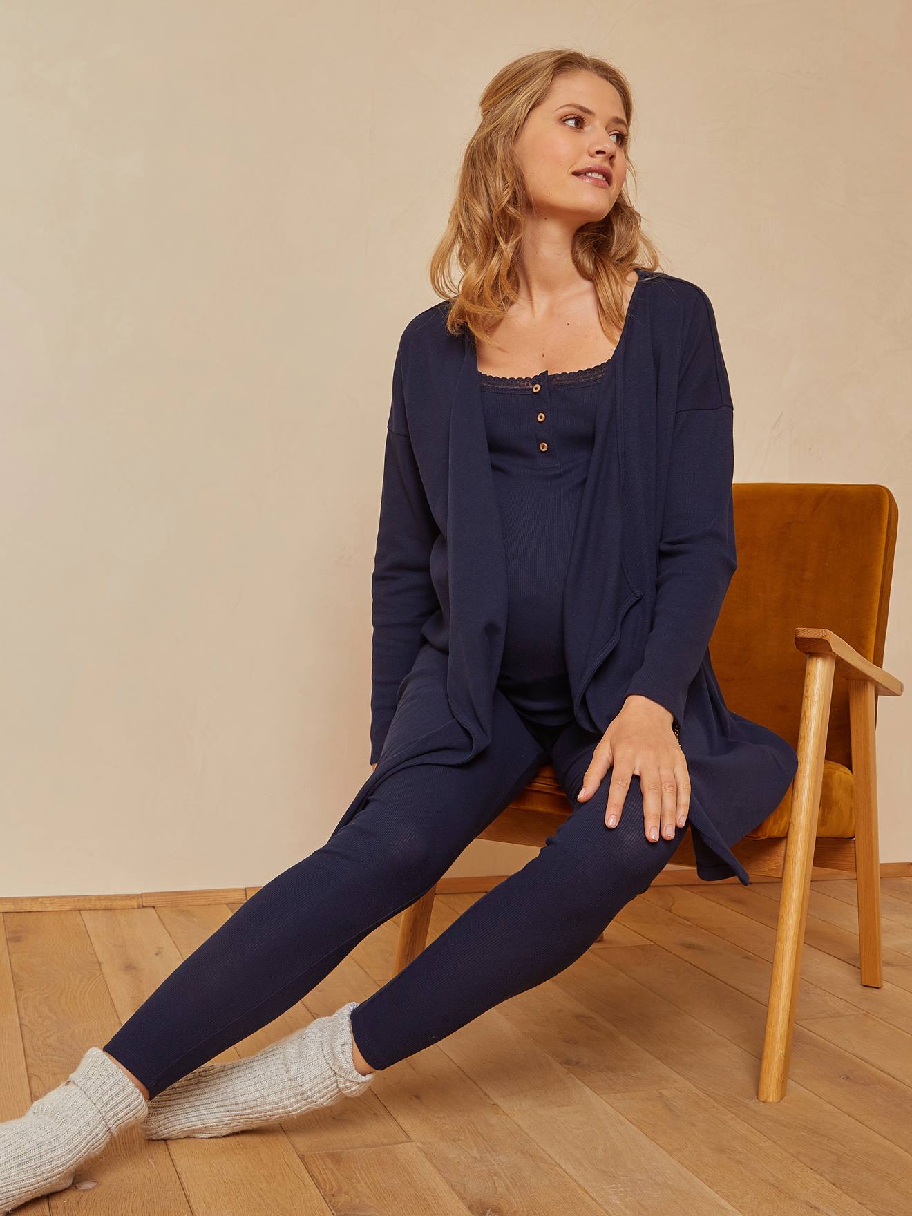 Conjunto de roupa íntima de 3 peças para gestantes e lactantes, azul escuro liso