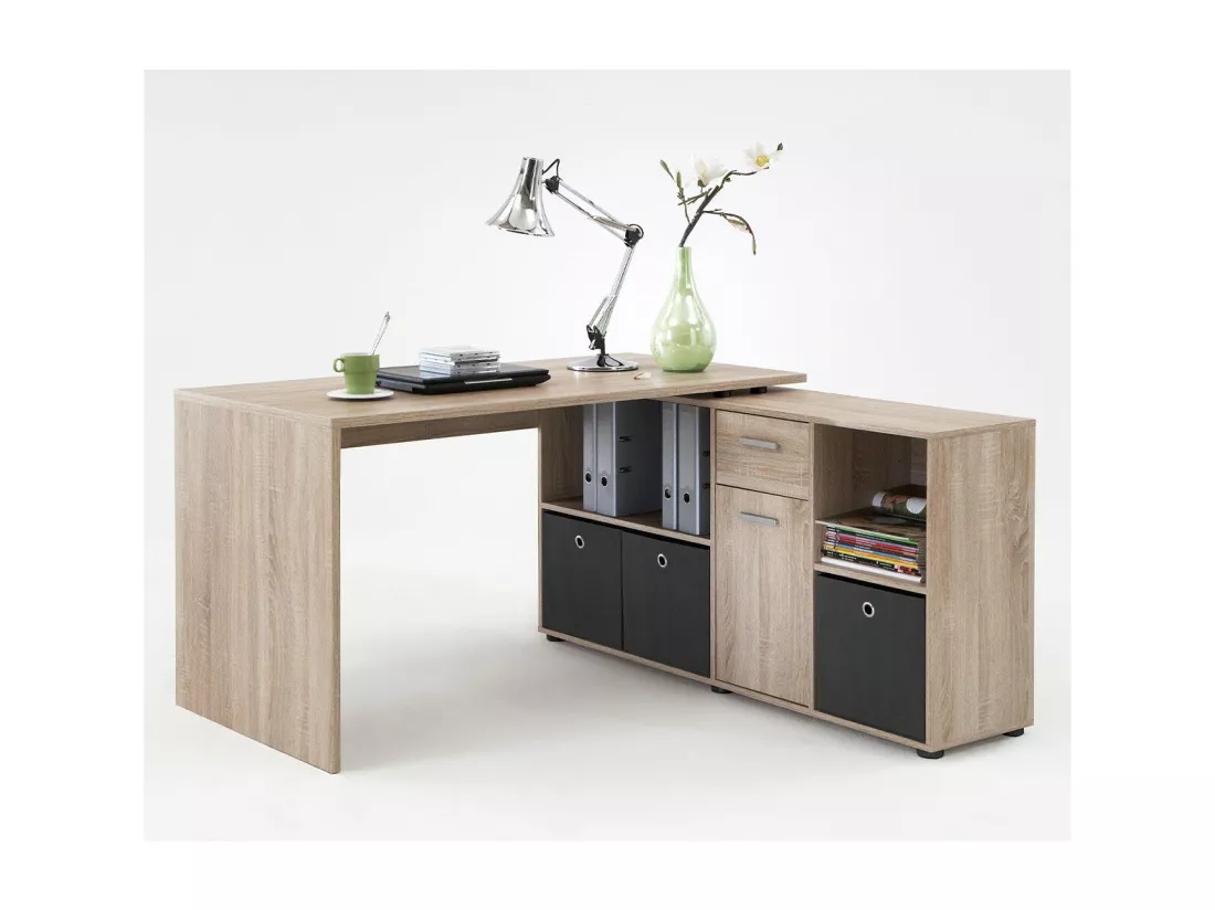 Bureau d'Angle Modulable avec Caisson, Tiroir et Étagères de Rangements - Lex