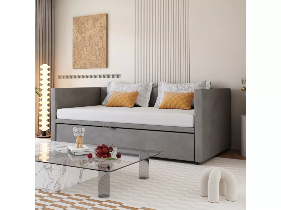 Lit gigogne 90/180 x 200 cm pour enfants - velours - style contemporain - coloris gris