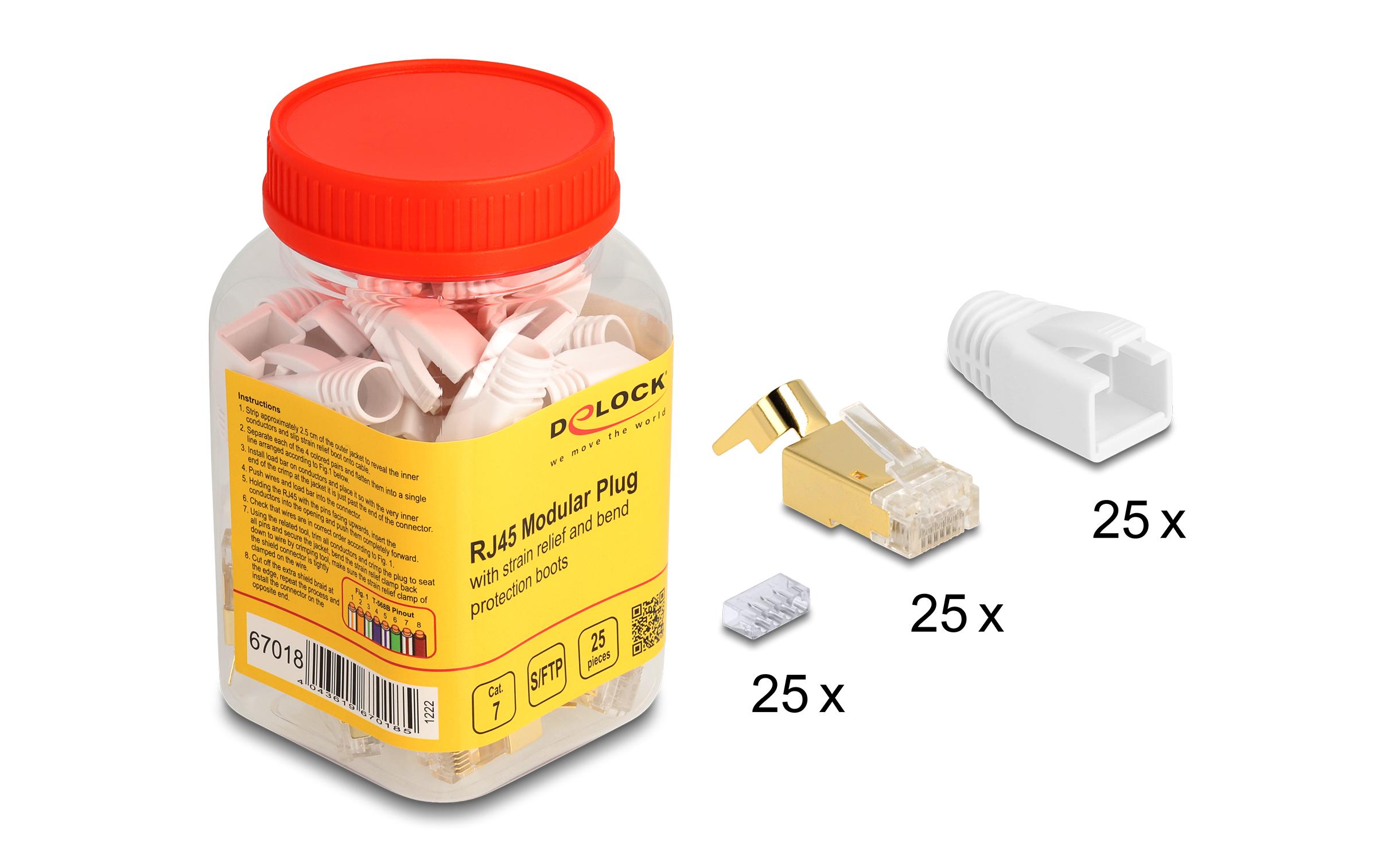 Stecker RJ45, S/FTP, Cat.7 25 Stück, TransparentDelock RJ45 Modularer Stecker mit Zugentlastung und Knickschutztülle für Cat.7 Rundkabel 25er Set