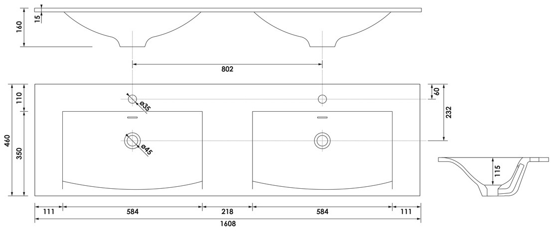 Brauer Glacier dubbele wastafel fine stone 160cm met kraangaten wit glans