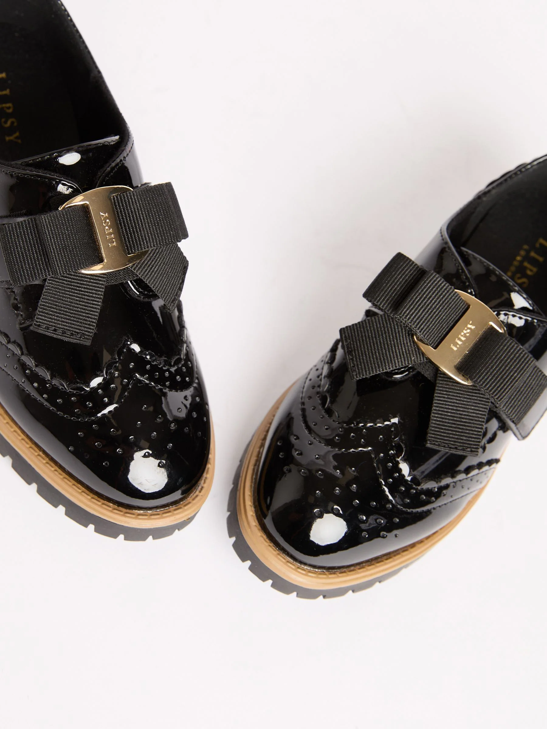 Lipsy Patent Bow Detail Brogue School Velcro Strap Shoes