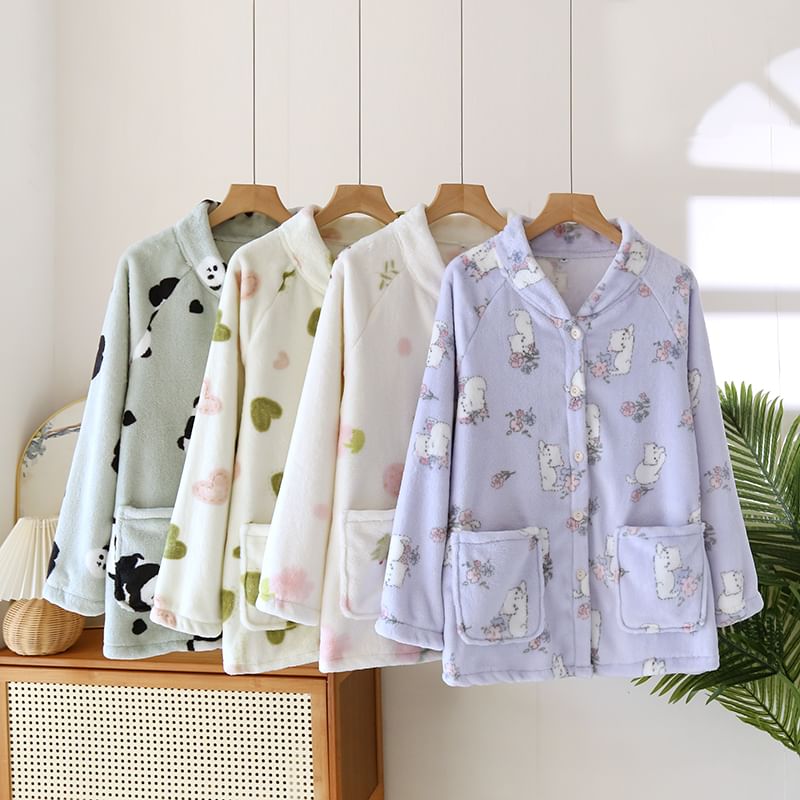Dogini - Fleece pyjamatop met lange mouwen, opstaande kraag, patroon en knoopjes