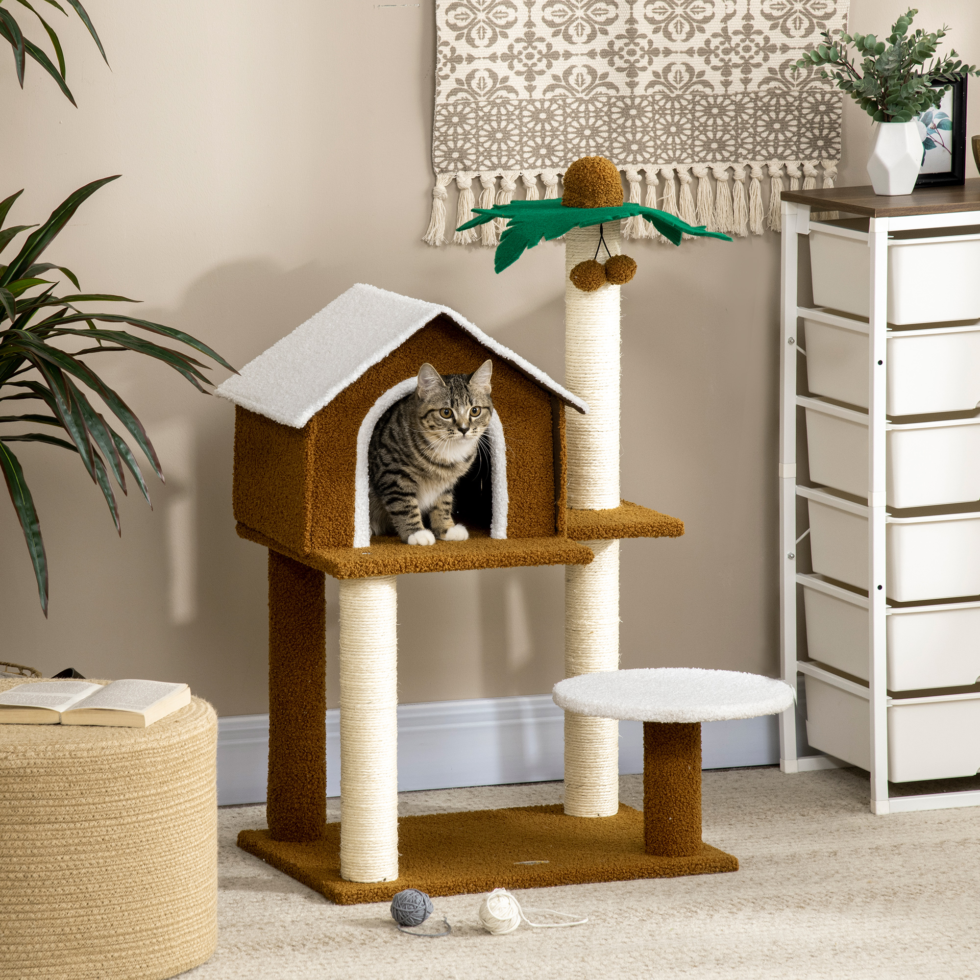 Arranhador para Gatos PawHut, 89 cm de altura, Torre para Gatos com Casinha de Pelúcia, Plataforma, Poste em Sisal em Formato de Coco e Bolas Penduradas, 55x40x89 cm, Marrom