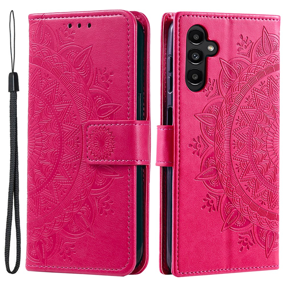 Samsung Galaxy A55 Leder Tasche Wallet - Mandala Flowers Imprint - Pink