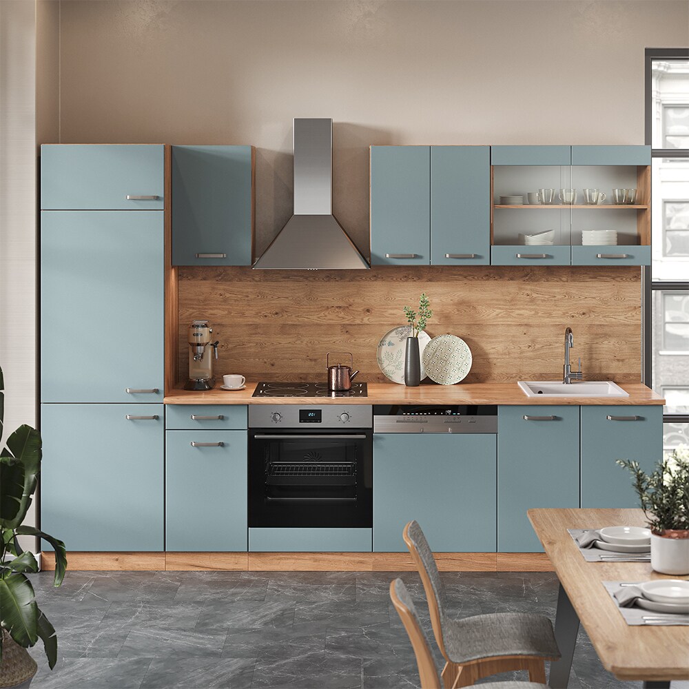 Vicco Küchenzeile R-Line Solid Eiche Blau Grau 300 cm modern Küchenschränke Küchenmöbel