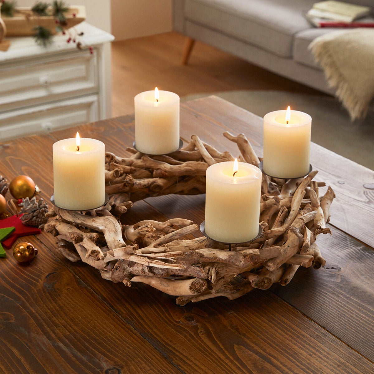 FRANK FLECHTWAREN | Adventskrans van drijfhout, Ø 40 x 11 cm, DROGGAGE, METAAL