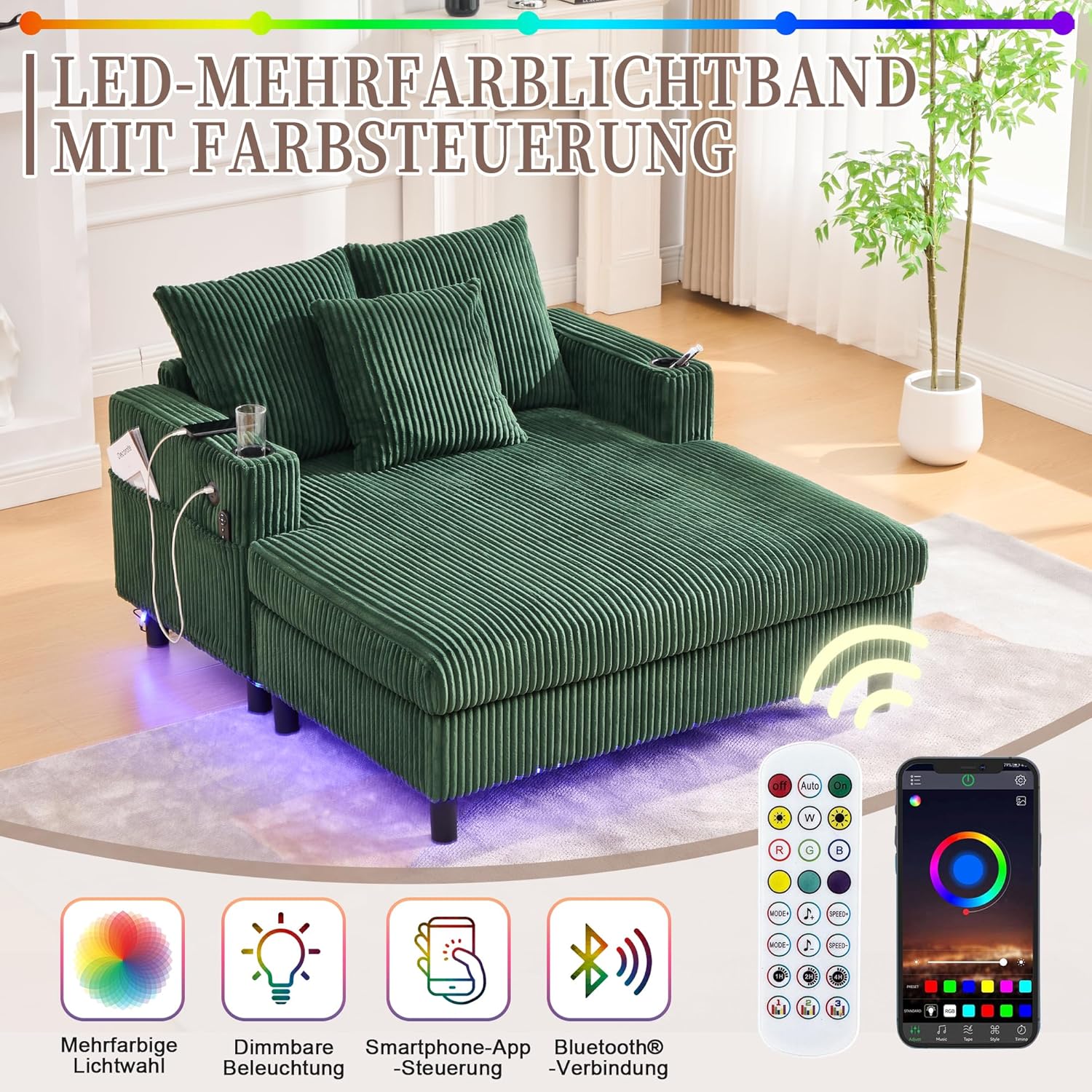 Chaiselongue Schlafsofa 2-Sitzer, Sofa mit LED & USB-C-Port & 2 Kissen & Getränkehaltern, Bettsofa, Für Wohnzimmer & Schlafzimmer, Emerald