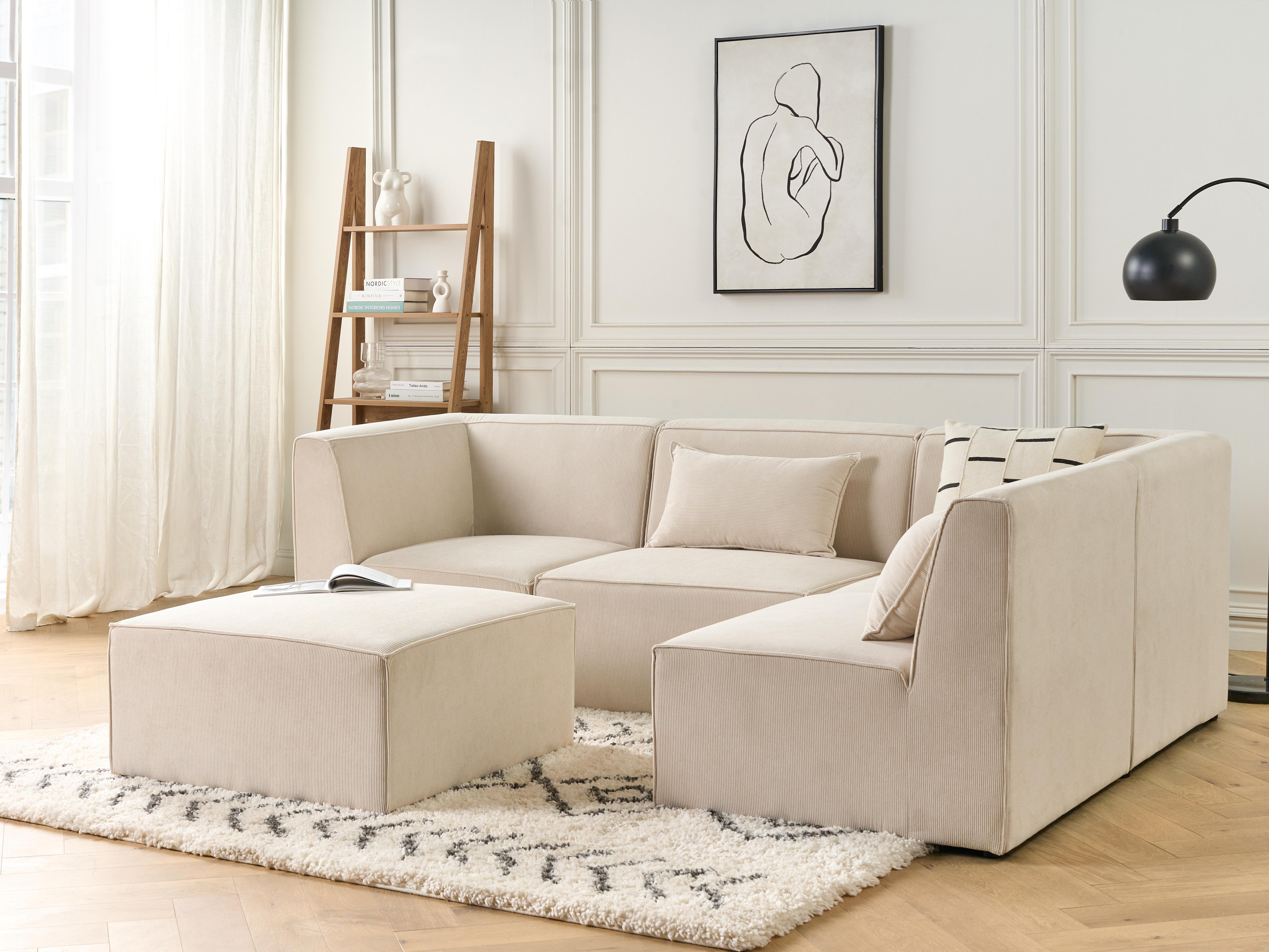Modulaire hoekbank 4-zits LEMVIG Corduroy Lichtbeige met ottomaan linkszijdig