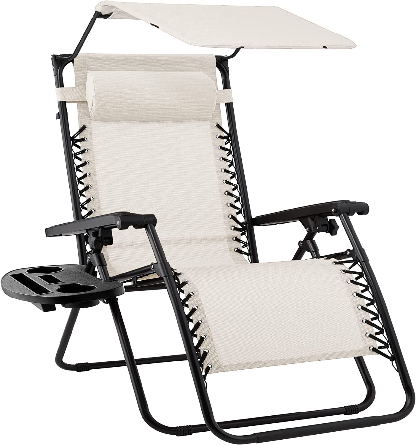 Folding Zero Gravity Outdoor Recliner Patio Lounge Chair w/Adjustable Canopy Shade, Headrest, Side Accessory Tray, Textilene Mesh - Beige
