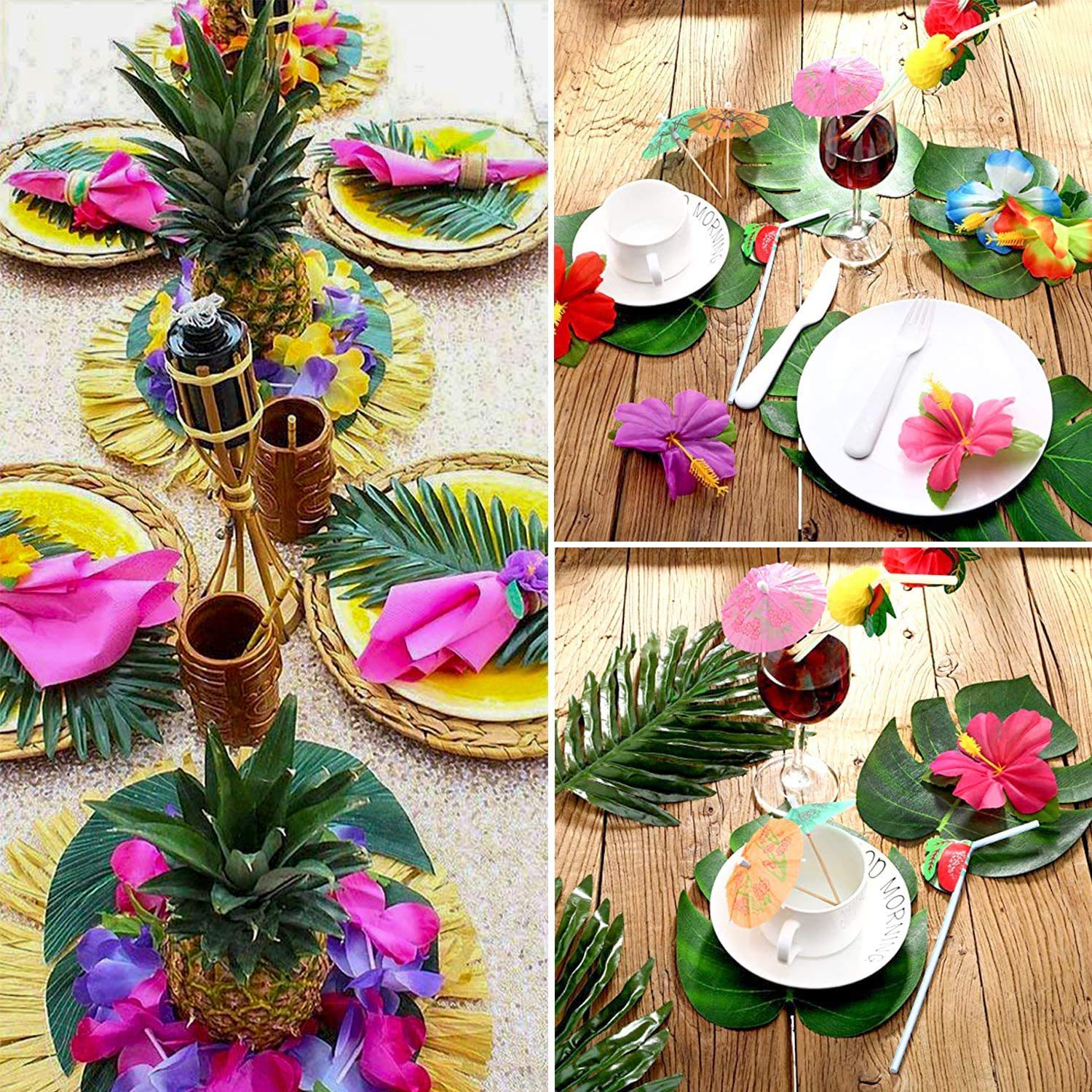 (51-tlg. Set) Deko Kunstblätter Sommer Party Tisch Deko Palmenblätter / Hibiskusblüten - Tropical Hawaii