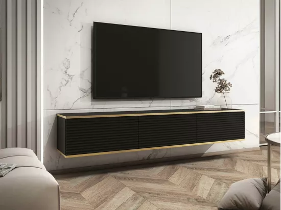 Meuble TV Felduno 101, Noir|Doré, Le nombre de portes: 3, 175x30x32cm