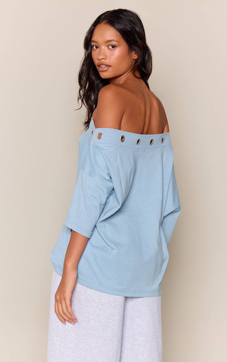 Bleu Layette T-shirt Décontracté Asymétrique En Coton À Œillets Cloutés