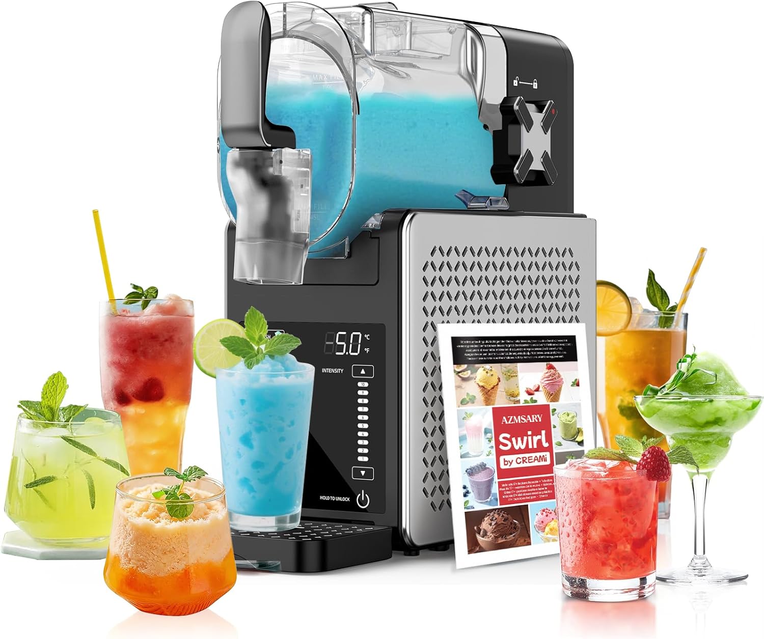 Slush Maschine – 2,5 L Slushie Maschine für Zuhause, mit LED-Display, 6 voreingestellten Programmen für Eiscreme, Frappés, Milchshakes automatischer Reinigung Swiss Classic Set (Black+Sliver)