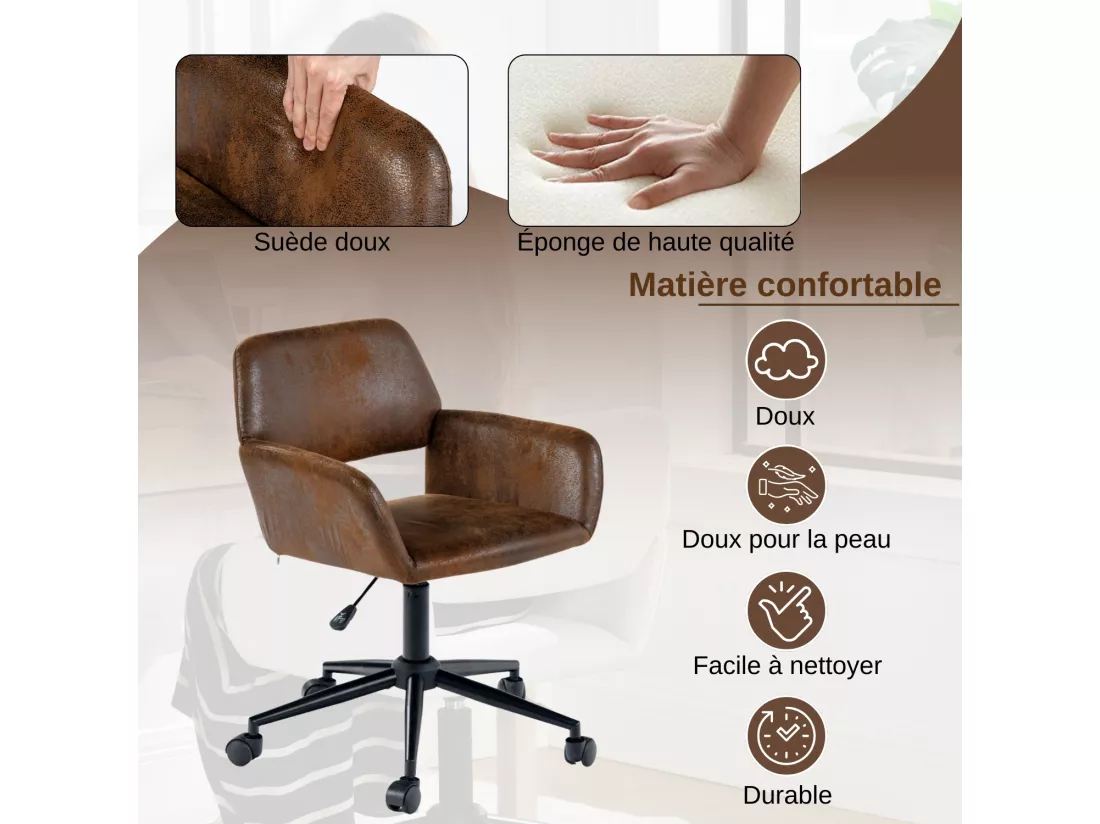 Chaise de bureau rétro-daim-hauteur réglable-avec roulettes-convient au coin bureau, chambre à coucher-marron