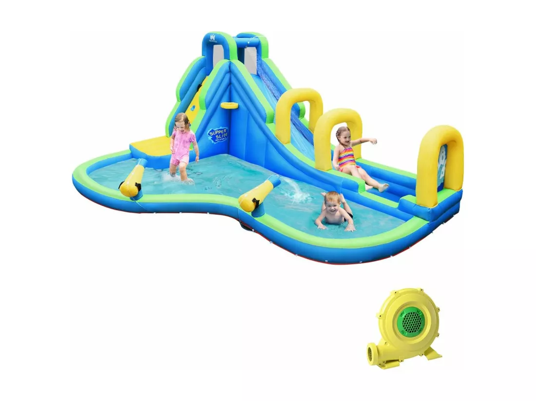 Château Gonflable avec Toboggan Aquatique/Pistolet de l'eau Fait en Plastique et vinyle-Convient pour 4 Enfants de 4 à 12 Ans-Charge Max.120 kg (avec Gonfleur)