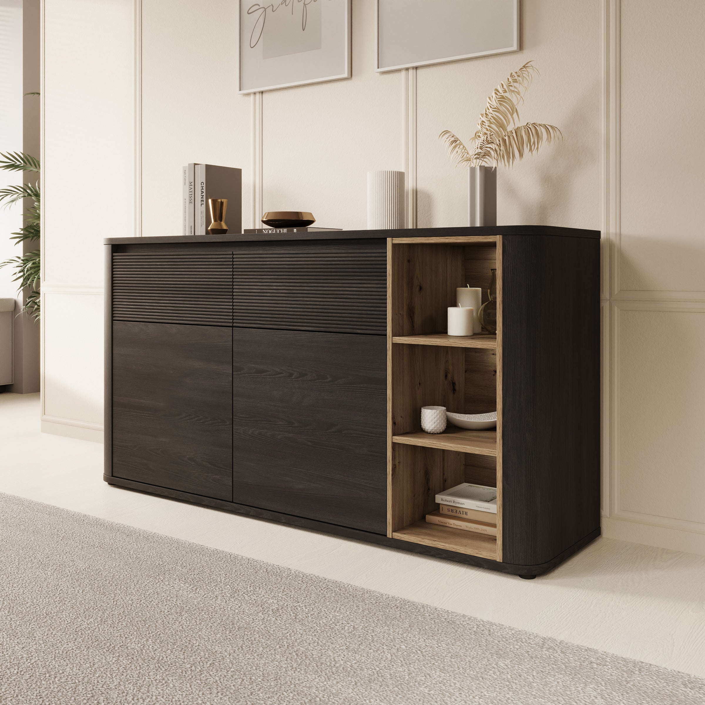 Meubella - Bijou - Dressoir - Zwart - 160x41x83 cm