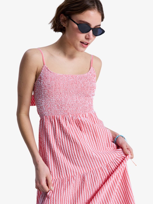 Tropical Glow Maxi Stripe Robe en seersucker de coton Rouge Femme