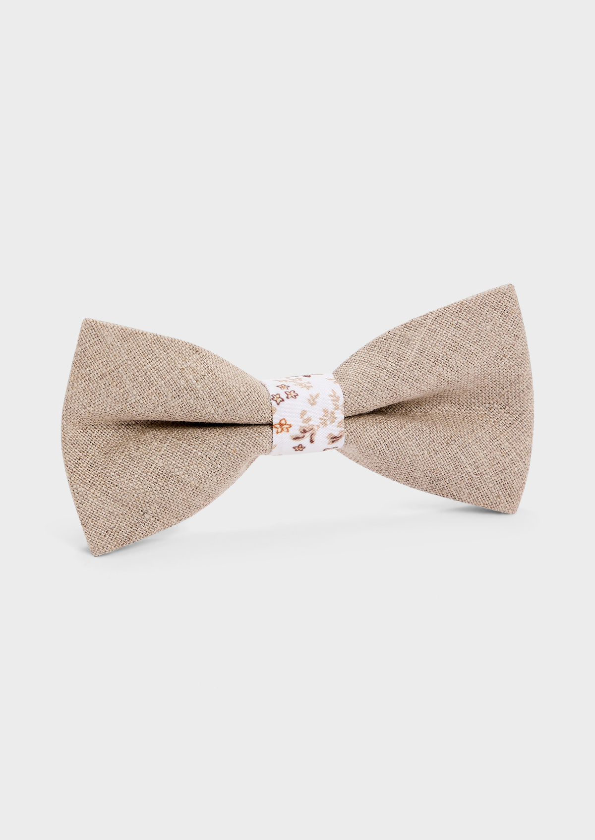 Noeud papillon bi-matière noisette à motif fleuri blanc, vanille et taupe