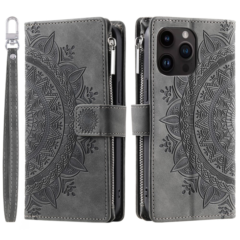iPhone 16 Pro Max Leder Tasche Flip Cover mit Reissverschluss - Mandala Flowers Imprint - Grau