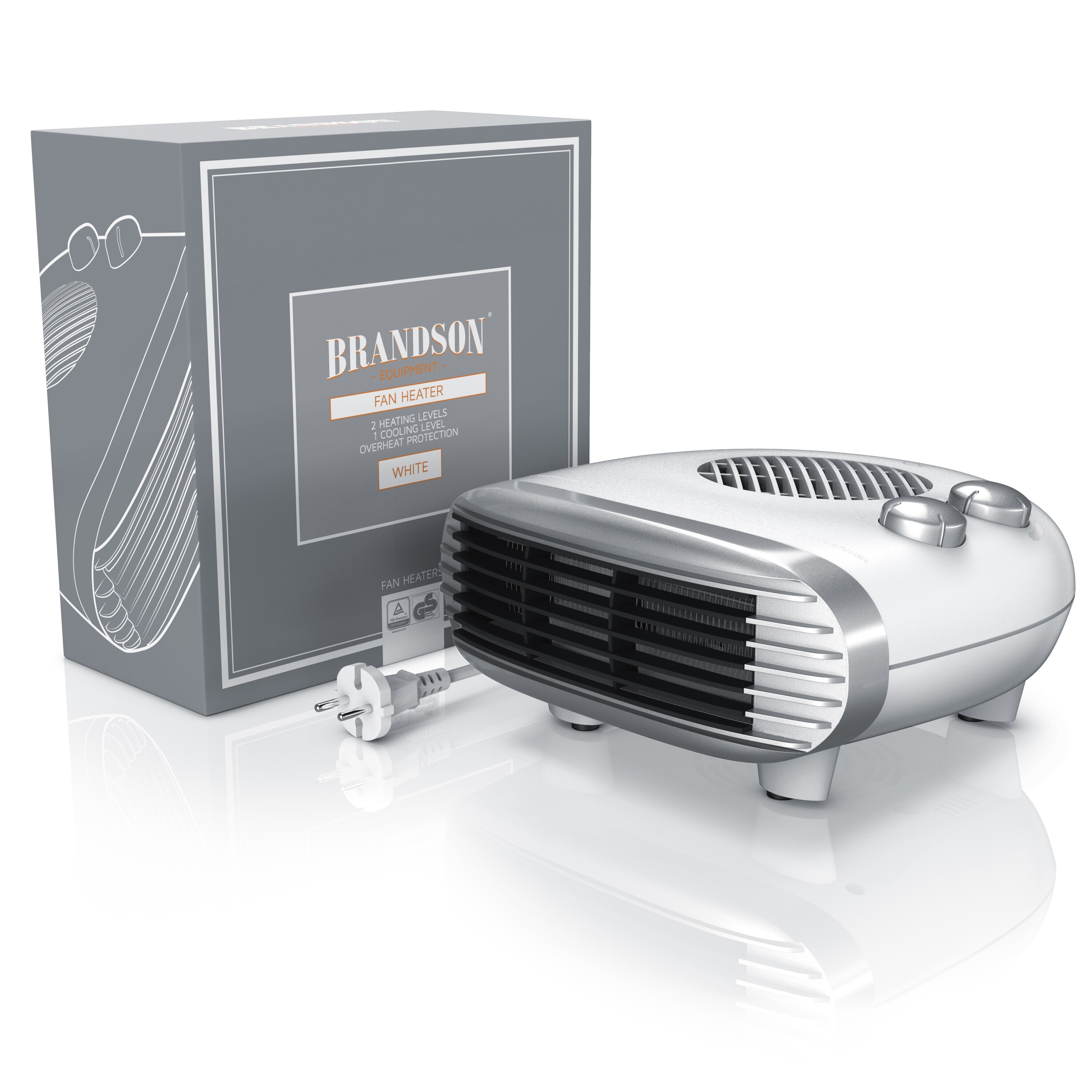 Brandson Heizlüfter 2000W, einstellbares Thermostat, Überhitzungsschutz, Automatische Abschaltung, 3 Leistungsstufen, Weiß/Silber