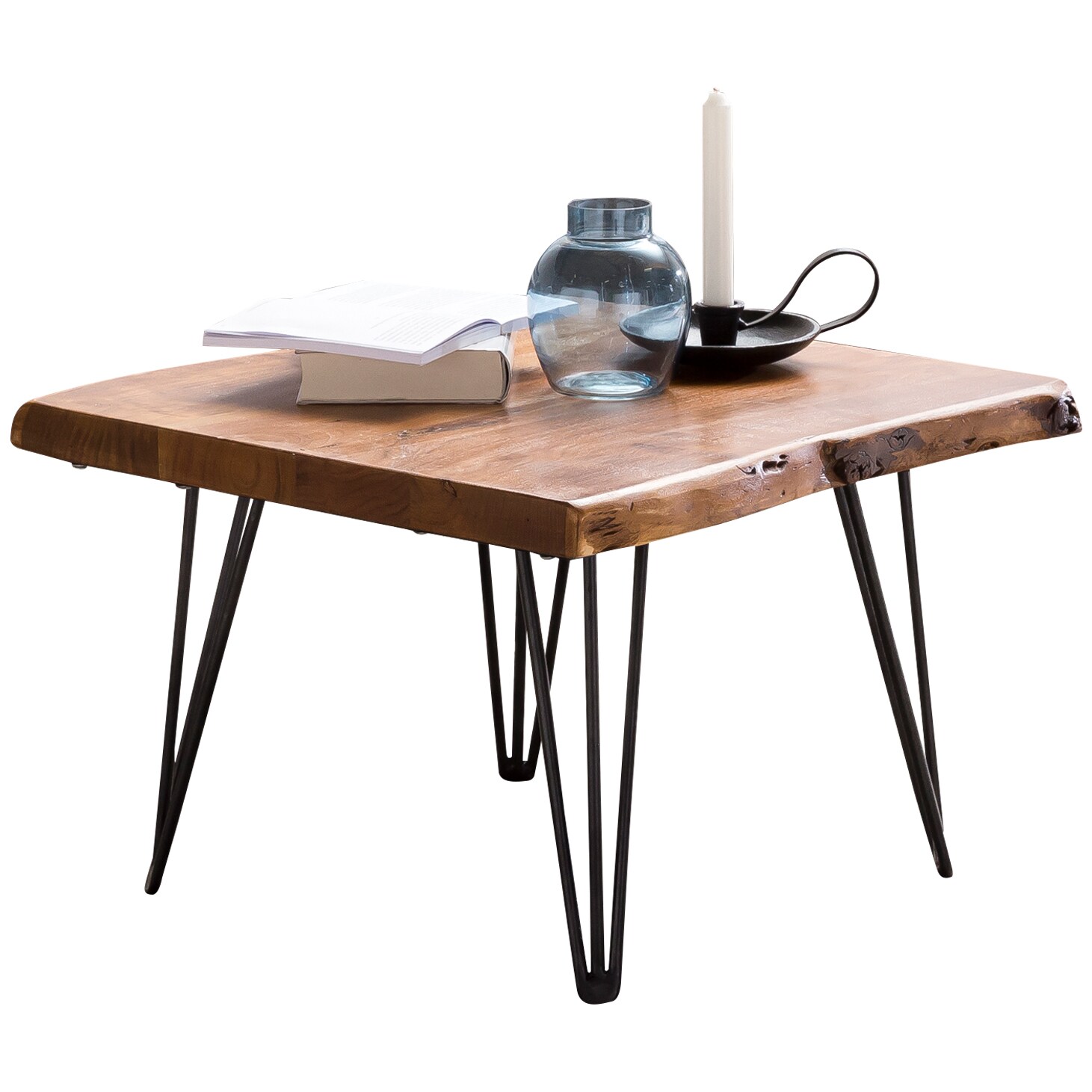 Couchtisch Baumkante 56x38x51 cm Sheesham Massivholz Metallbeine Wohnzimmertisch