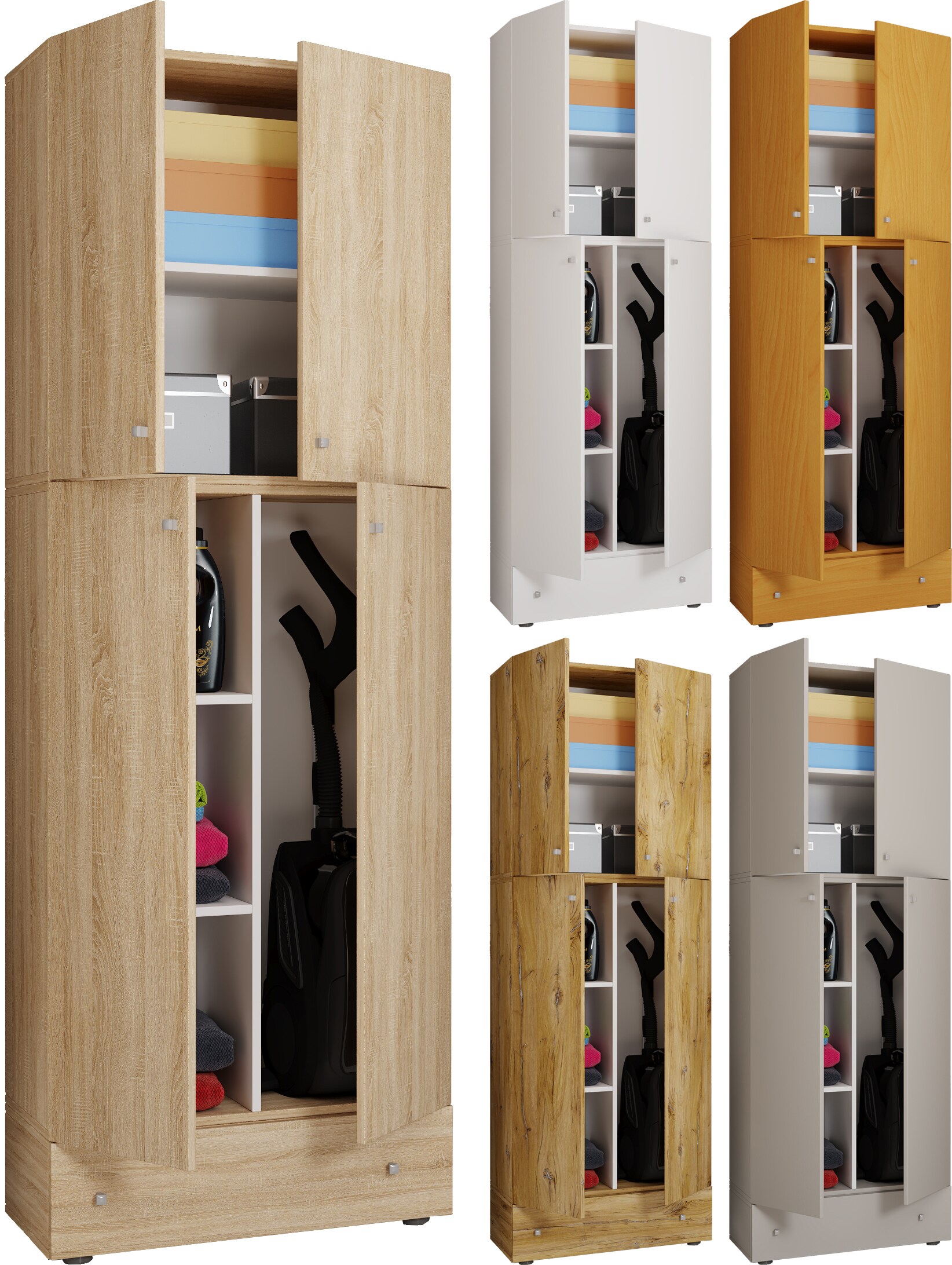 VCM Holz Besenschrank Staubsauger Putzschrank Haushaltsschrank Schublade Lona S