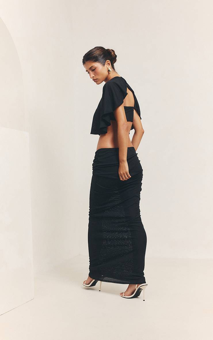 Noir Jupe Longue Co-ord En Mesh Froncé Avec Panneau Torsadé