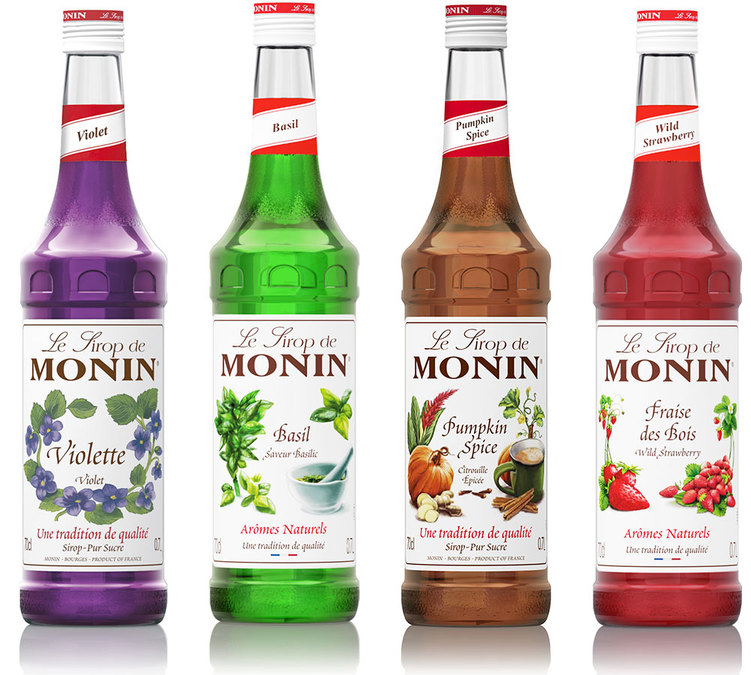 Lot de 4 Sirops Monin Basilic / Fraise des bois / Violette / Pumpkin Spice - 4 x 70 cl