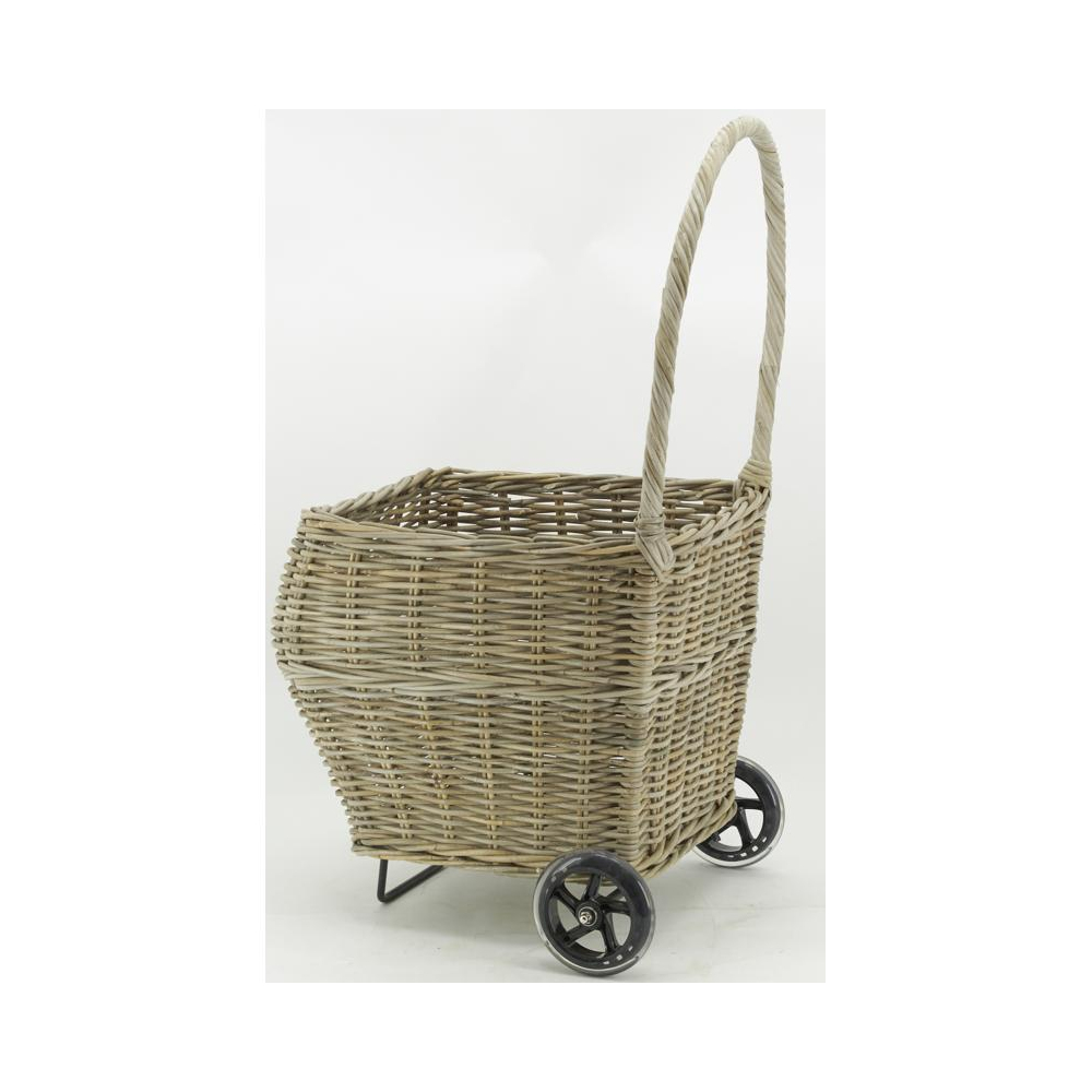 Chariot à bûches en rotin gris arrondi