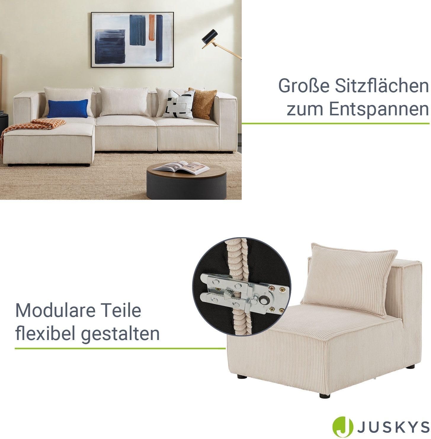 Juskys Mittelsofa Domas - modulares Sofa in Cord Beige - Wohnzimmer Couch mit Kissen - Modulsofa 130 kg belastbar - Sofagarnitur Wohnlandschaft