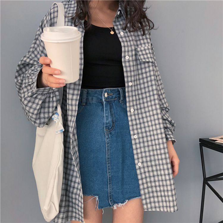 Hevnir - Oversized geruit overhemd met lantaarnmouwen