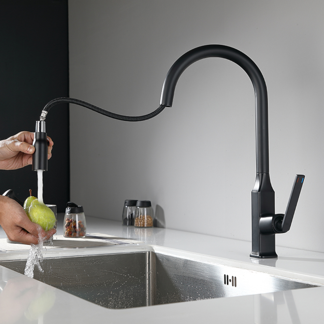 EcoRain Lucas waterbesparende keukenkraan met uittrekbeugel, zwart, gemaakt van roestvrij staal 304 en messing - universeel - krasbestendig - 30% waterbesparing - eenvoudige installatie - kraan