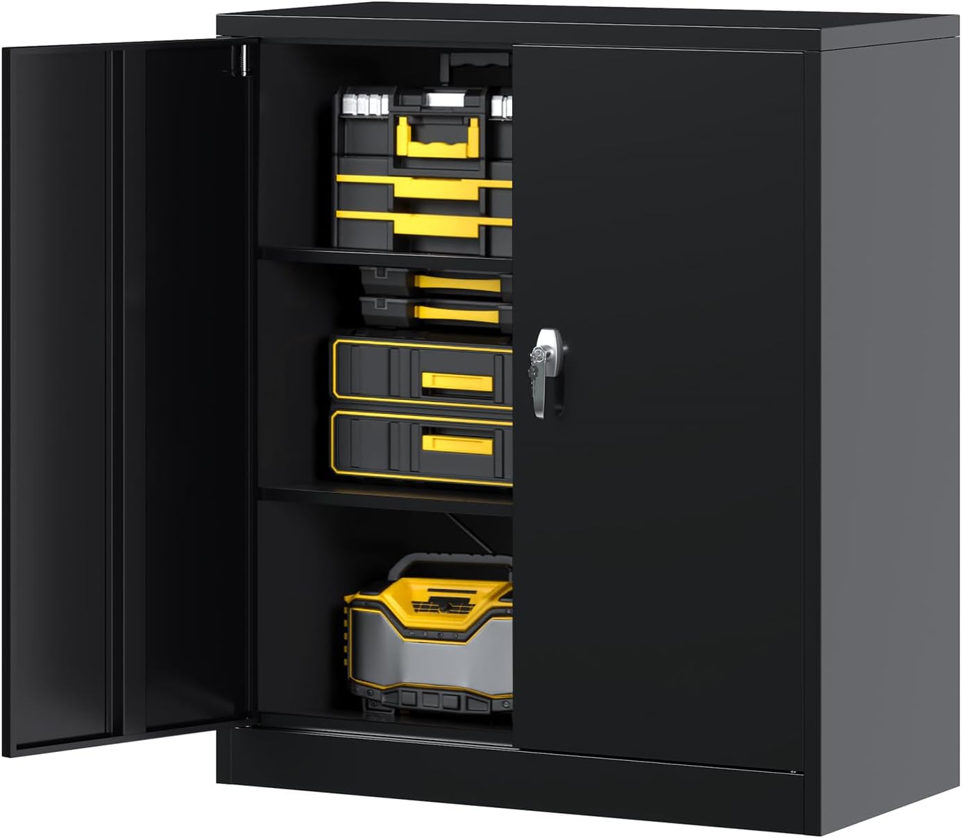 kavey Aktenschrank, Mehrzweckschrank, Büroschrank mit 2 Abnehmbaren Einlegeböden, Aktenschrank Abschließbar für Lagerhaus, Garage, Zuhause, 90 x 80 x 40 cm, Schwarz