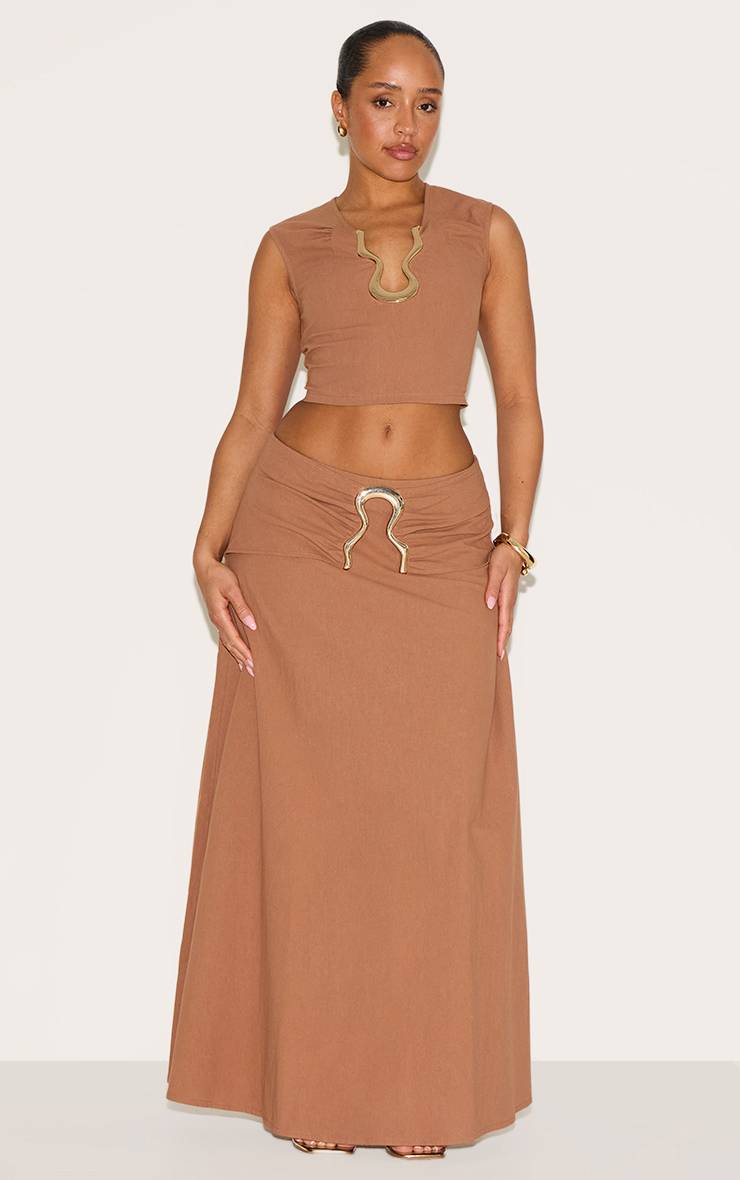 Moka Jupe Longue Shape Aspect Lin Taille Pliée Bordure Ondulée Dorée