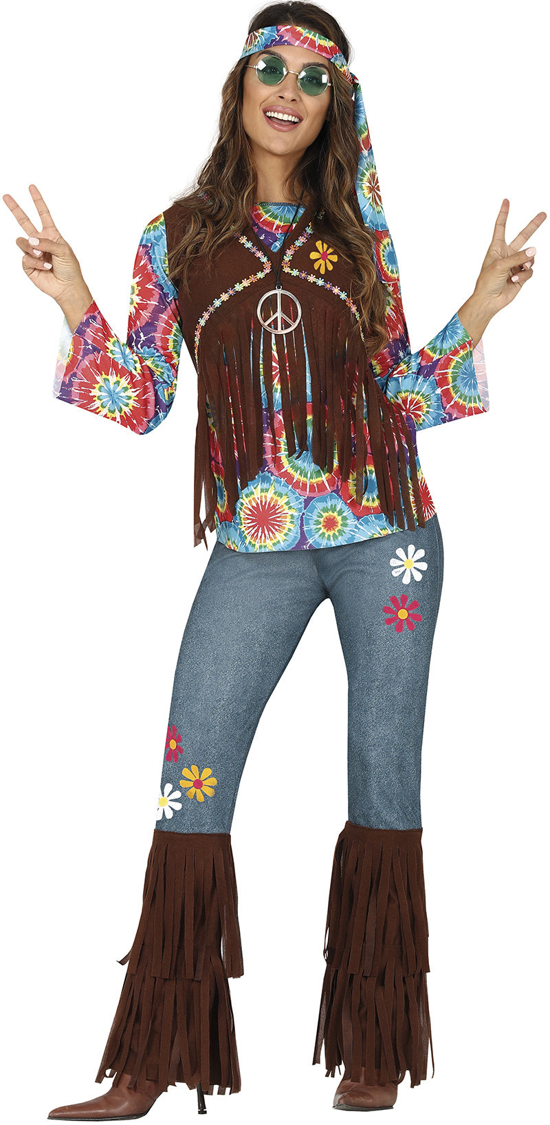 Hippie 60S Kostuum Gekleurd Dames Met Bruin Vest