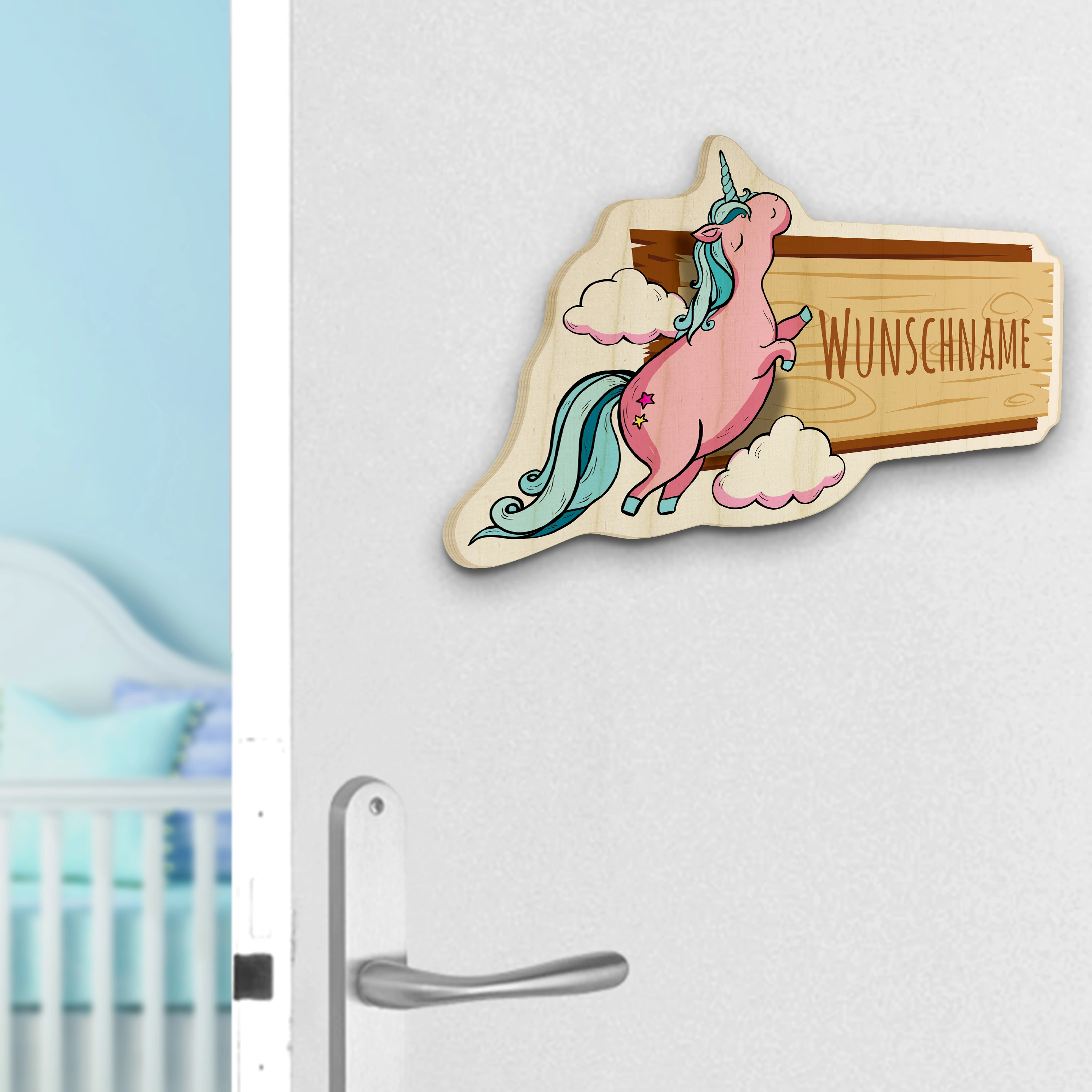 Personalisiertes Holz-Türschild mit Namen (Motiv: Einhorn)